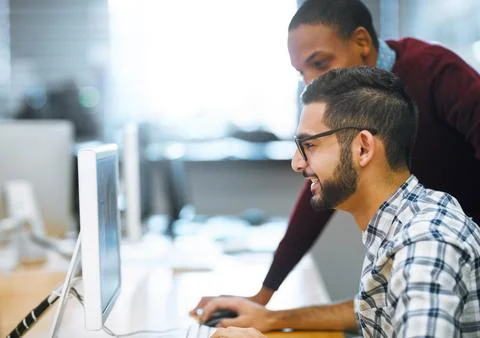 Students, education and computer lab in college with assignment, project and Stock Photos