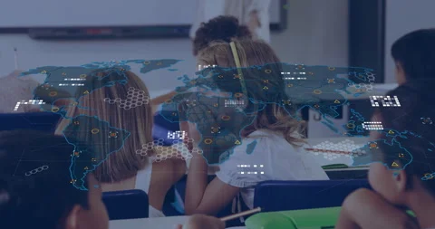 Students engaging with education tech map overlay in classroom, featuring hex Stock Footage 309285655