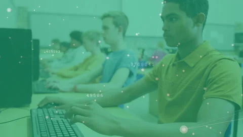 Students entering lab taking seats while practicing typing with data overlay Stock Footage 316190895