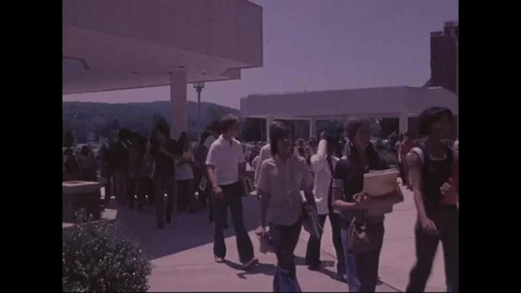 Students entering Skylab high school in space - 1970 Stock Footage