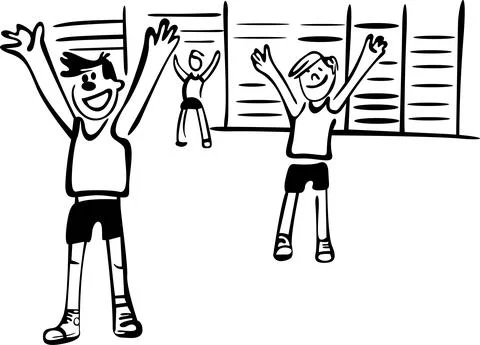Students exercise in the gym. A gymnastics lesson is underway Stock Illustration