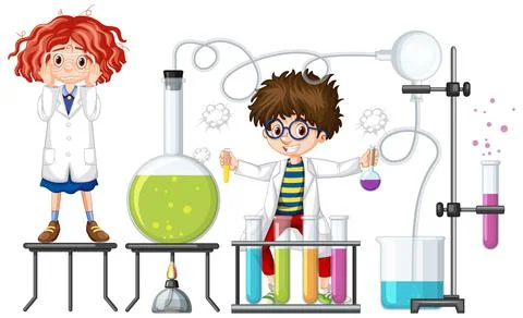 Students experiment with chemistry items Illustrazione stock