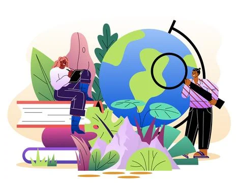 Students exploring nature and learning globe. Vector illustration Stock Illustration