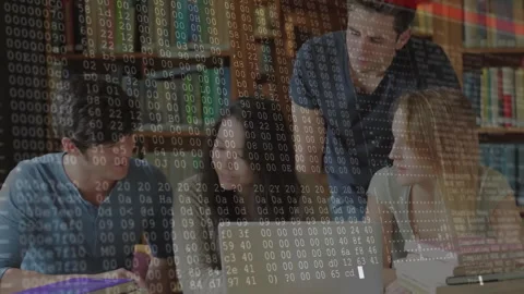 Students flipping binder and typing on laptop with code overlay initiating Stock Footage 312297702