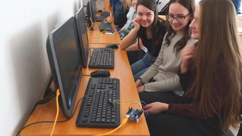 Students in front of computers in a computer class Video stock 107005506
