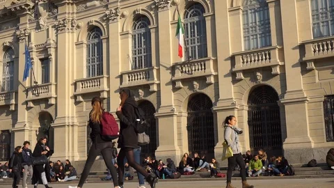 Students in front of Polytechnic University in Milan on a sunny noon Stock Footage 121372127