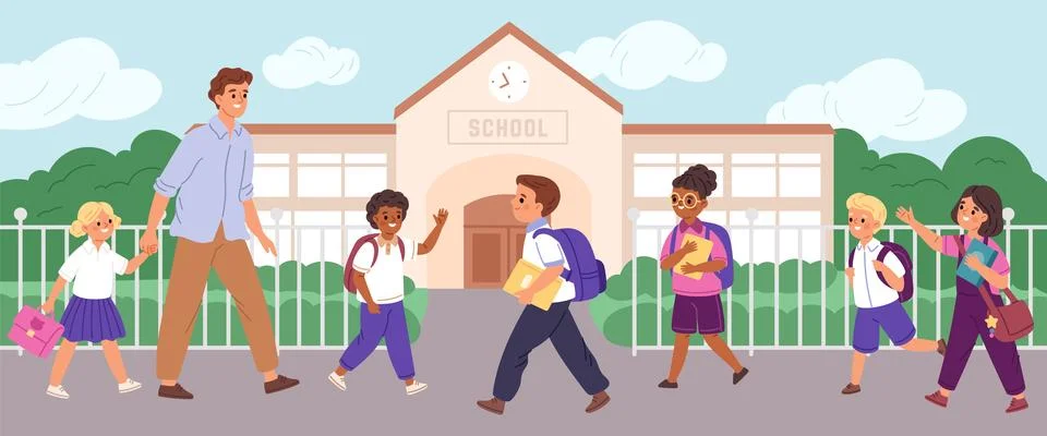 Students go school. Little pupils, boys and girls go to school with parent, kids Stock Illustration