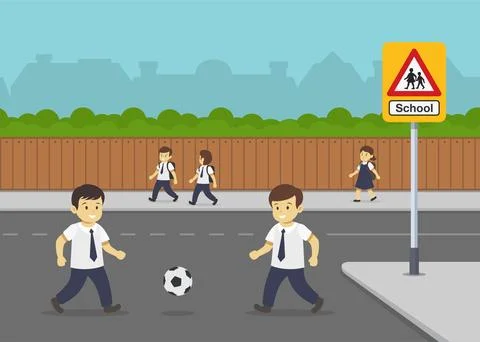 Students going to school. Two boys playing football on city road. School zone. Stock Illustration