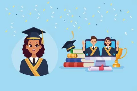 Students graduates in computer Ilustración de archivo