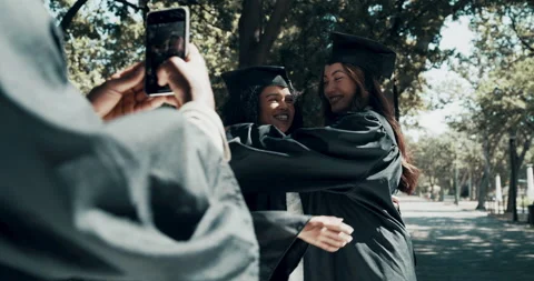 Students, graduation or celebration hug in phone picture on college, school or Stock Footage 222523053