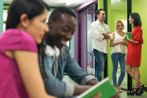 A students group learning at school academy. Stock Photos