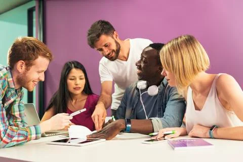 A students group learning at school academy. Stock Photos