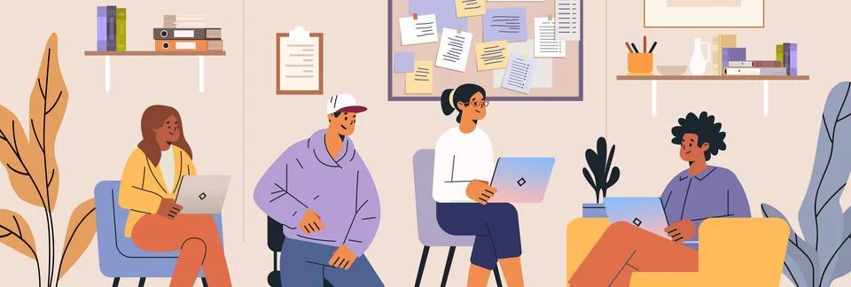 Students group study collaboration laptops classroom modern workspace bulletin Stock Illustration