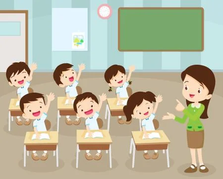 Students hand up in Classroom Stock Illustration