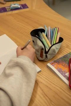 The student's hand writes with a pen in notebook Stock Photos