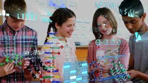 Students handling molecular models and causing HUD charts to update while Stock Footage 334371805