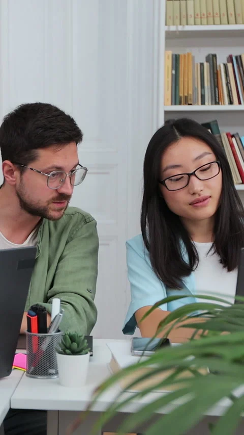 Students have discussion, use laptop, prepare for exams together, helping Stock Footage 345144041