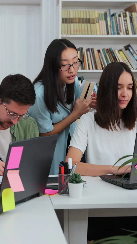 Students have discussion, use laptop, prepare for exams together Stock Footage 345144419