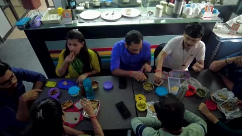 Students having fun, eating lunch in the college cafeteria or campus. Stock Footage 258323949