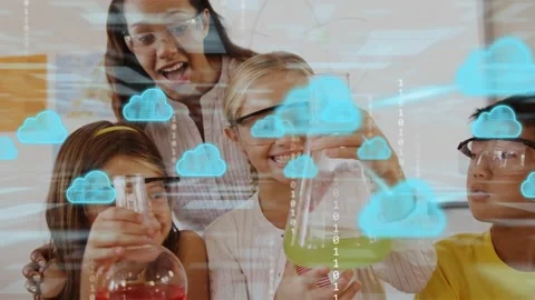 Students holding flasks in science, cloud icons and binary streams emerging, Stock Footage 334371738
