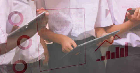 Students holding tablets, data analytics and binary code animation over scene Stock Footage 305063391