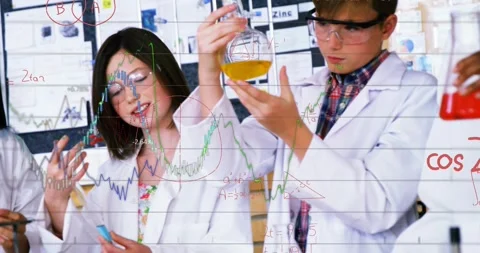 Students holding yellow flask boy joining comparing red solution graphs Stock Footage 328648999