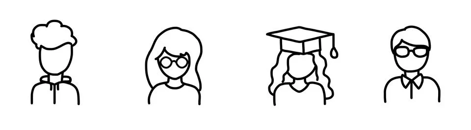 Students icon set vector illustration in cartoon outline doodle style. Stock Illustration