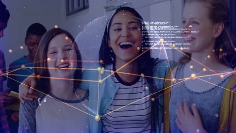 Students initiating corridor chat while network overlay fading and code snippets Stock Footage 313240841