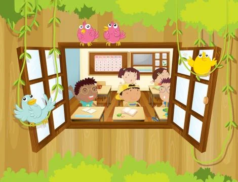 Students inside the classroom with birds at the window Stock Illustration