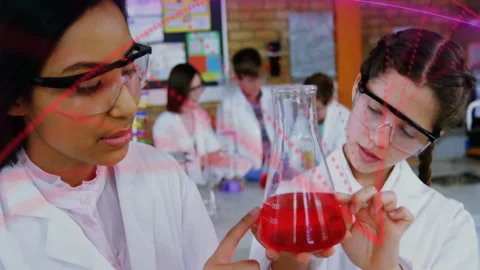 Students inspecting red liquid flask in chemistry lab, with red dashed lines Stock Footage 309287691