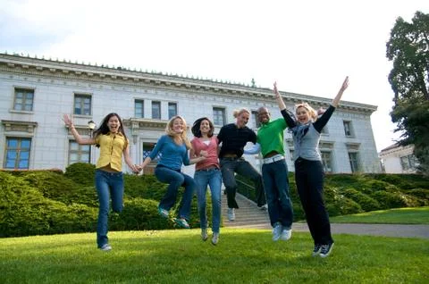 Students jumping Stock Photos