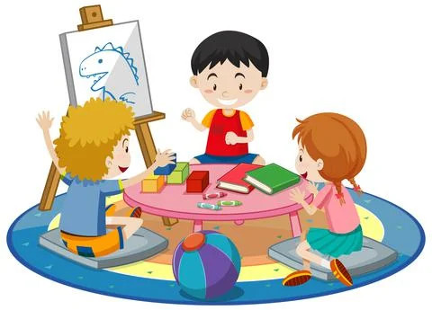 Students with kindergarten room elements on white background Stock Illustration