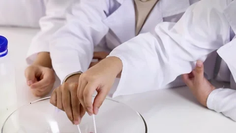 Students in Lab Coats Conducting Science Experiment with Milk and Food Coloring Stock Footage 337010000