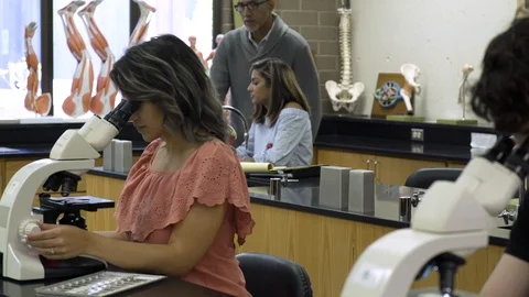 Students in laboratory using microscope. Stock Footage 88015605