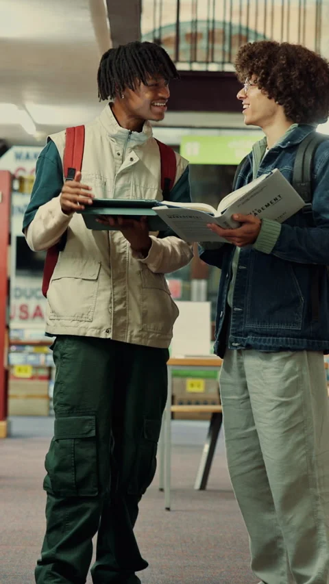 Students, laugh and tablet in college with textbook, funny idea or teamwork for Stock Footage 335804492