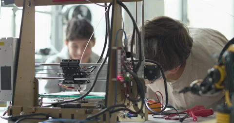 Students learning 3D printing in the lab Stock Footage 168336722