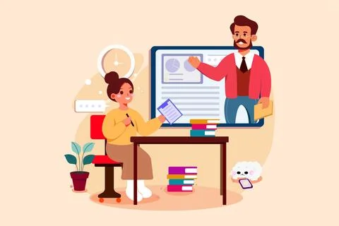Students learning and discussing with online teacher. Stock Illustration
