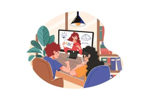Students learning and discussing with online teacher Stock Illustration
