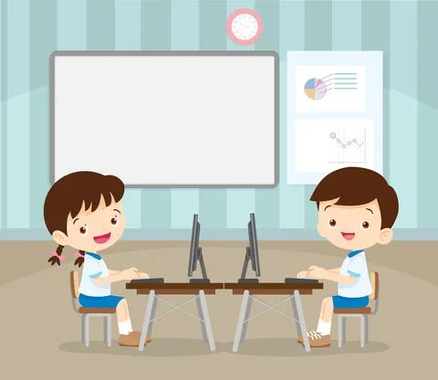 Students learning with computer 스톡 일러스트