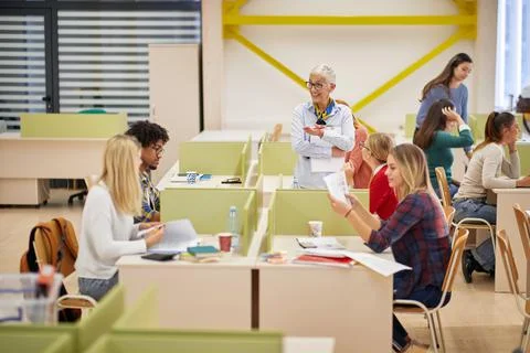 Students learning from a cool female professor. Smart young people study at t Stock Photos