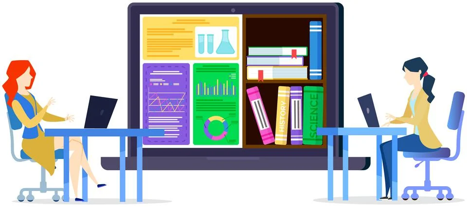Students learning with educational materials and virtual bookshelf. Ladies study Stock Illustration