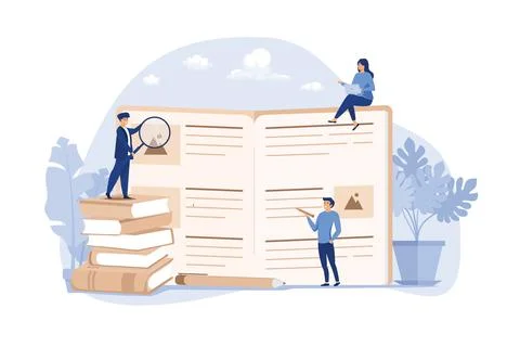 Students learning foreign language with vocabulary. Tiny people reading gra.. Stock Illustration