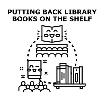 Students learning knowledge putting library books on shelf Stock Illustration