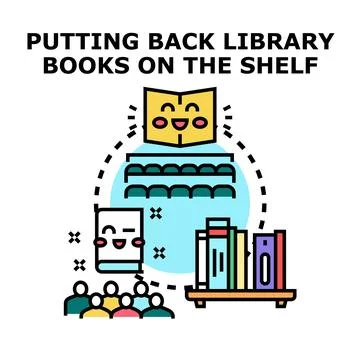Students learning knowledge putting library books on shelf Stock Illustration