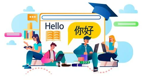 Students learning language on laptop online education e-learning concept イラスト素材