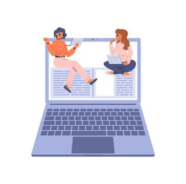 Students learning online with computer. Cute cartoon teens reading in web Stock Illustration