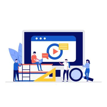 Students learning online at home concept with characters. Modern flat style f Stock Illustration