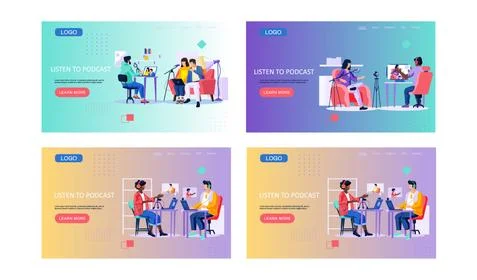 Students learning through podcasts scenes set. Education and internet technology Ilustração Stock