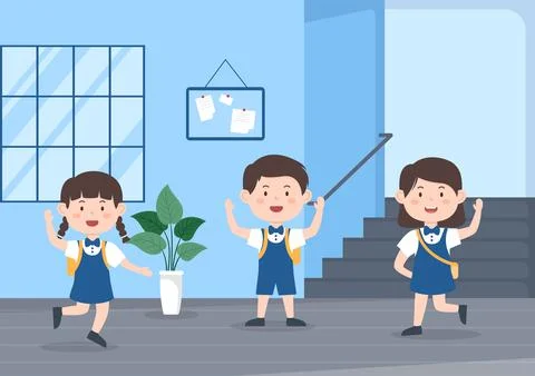 Students Leave School Building After Class or Program and Back to Home in Tem Ilustración de archivo