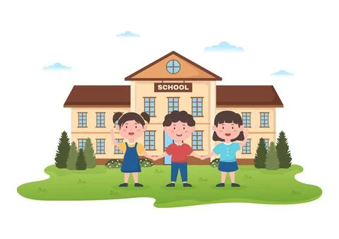 Students Leave School Building After Class or Program and Back to Home in Tem Ilustración de archivo